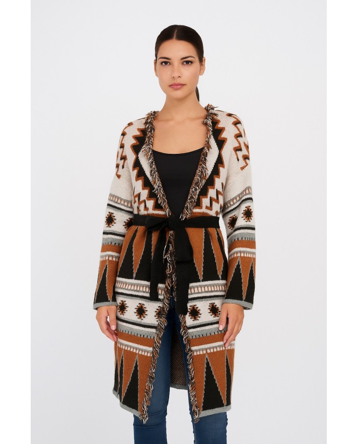 Cardigan Lungo Donna Akè – Stile Boho Chic con Frange e Cintura in Tessuto